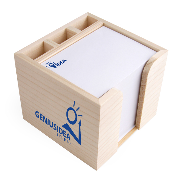 Zettelbox aus echtem Holz mit Stifteköcher 10 x 10 x 8,5 cm