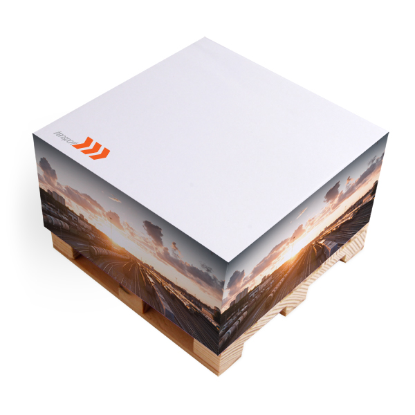 Notiz-Zettelklotz 10 x 10 x 5 cm im Digitaldruck auf Mini-Holzpalette